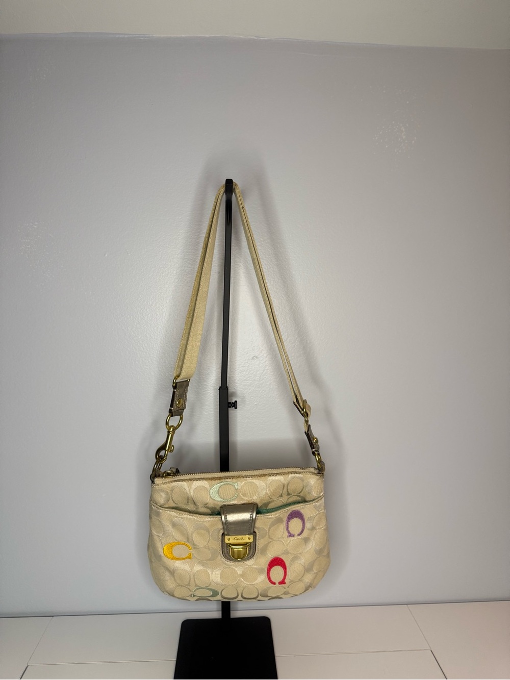 Coach Cream Signature Canvas Shoulder Bag with Multicolor 'C' Accents